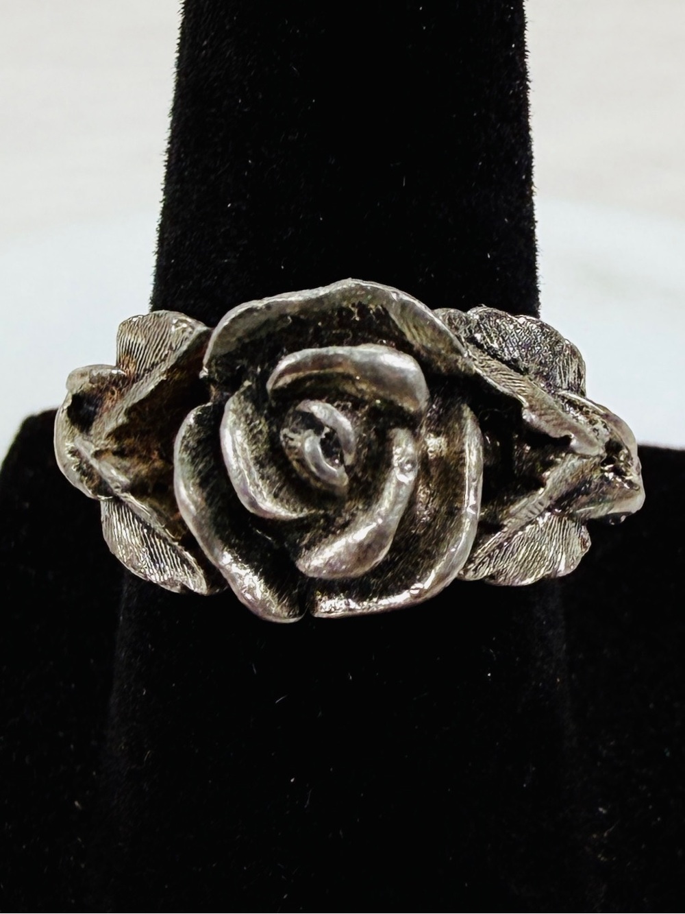 Vintage Silver Tone Rose Flower Adjustable Ring Sculptural Floral Size 5.5